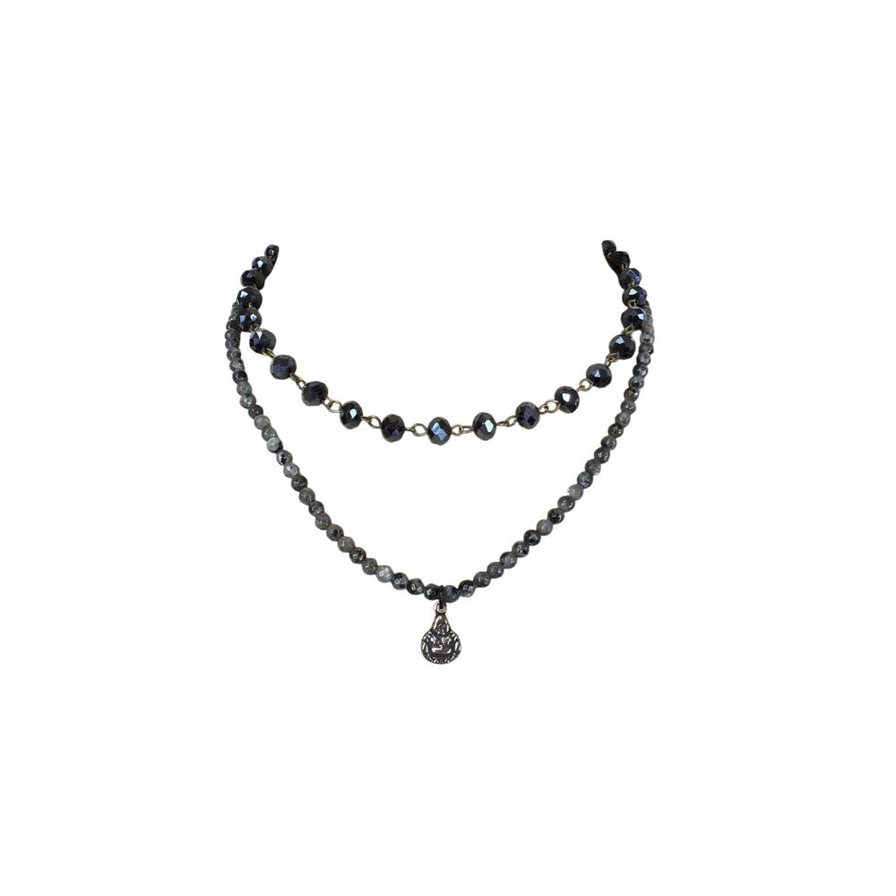 LOT 2 Nekcklaces NEW Artisanal Buddha Charm On Labradorite Chain + Glass Roundel